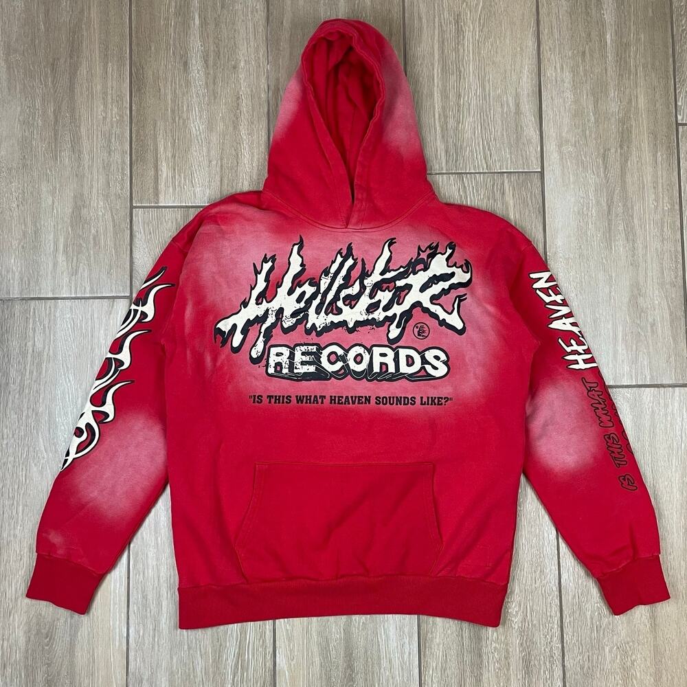 Hellstar Records Hoodie Mens L Red Flame Graphic Pullover 100% Cotton NWT